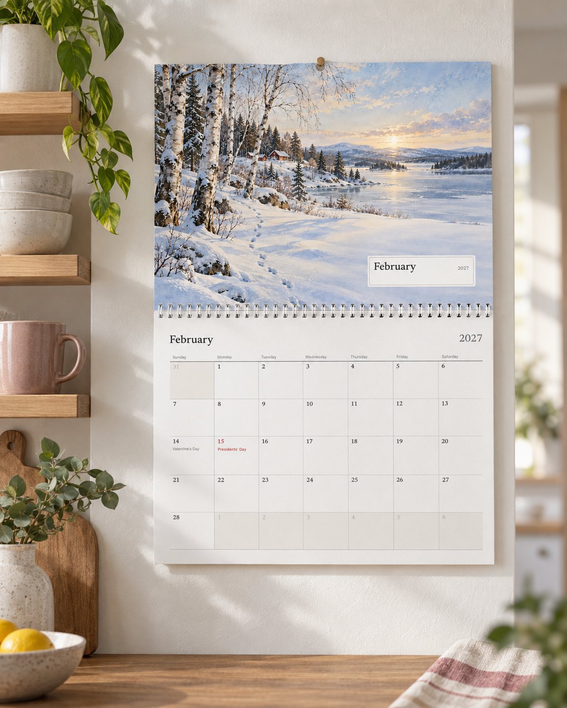 The wall calendar open at February in a bright kitchen, with the family's birthdays on the page