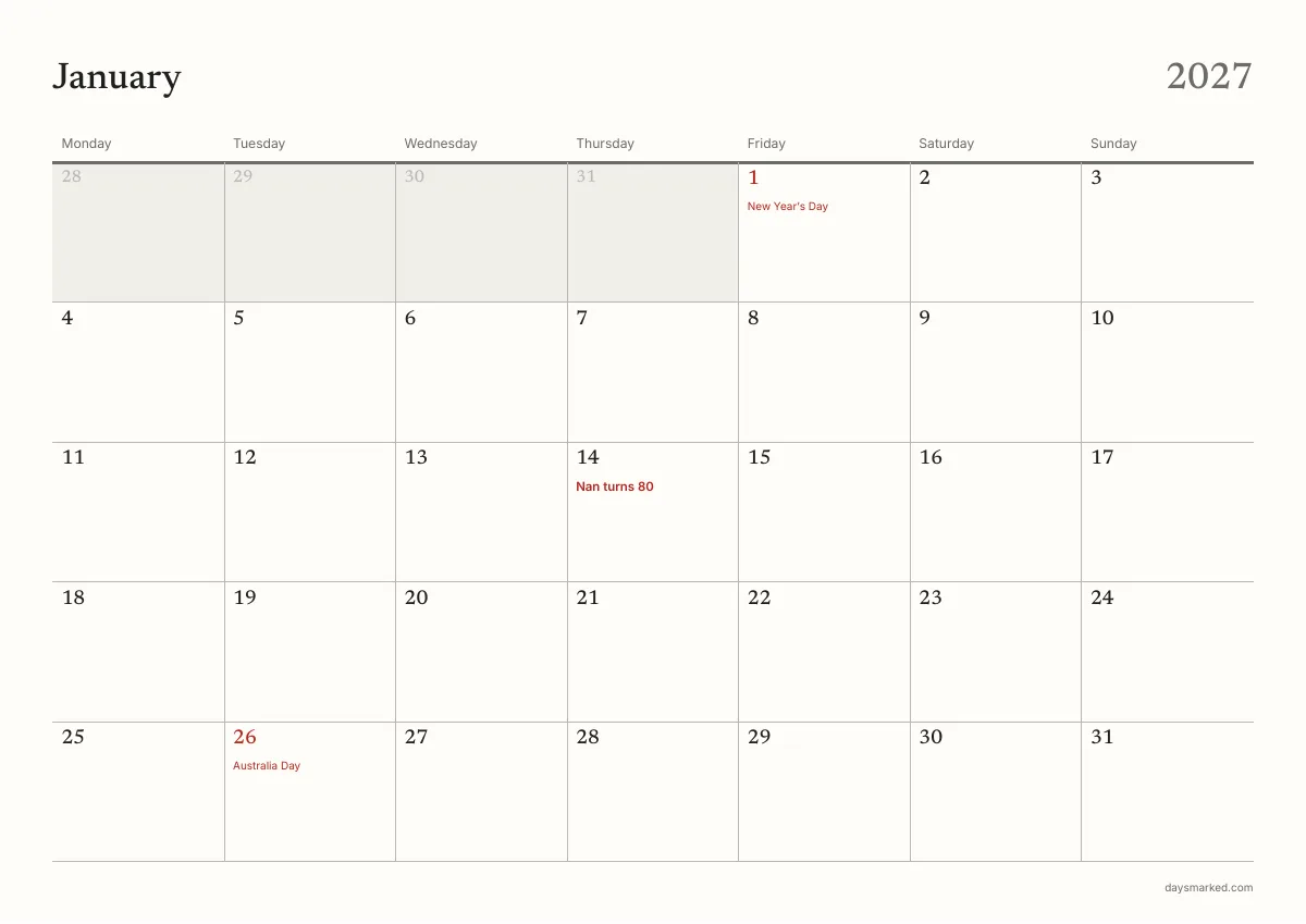 January 2027 page of the free printable calendar, with “Nan turns 80” on 14 January and Australia Day on 26 January