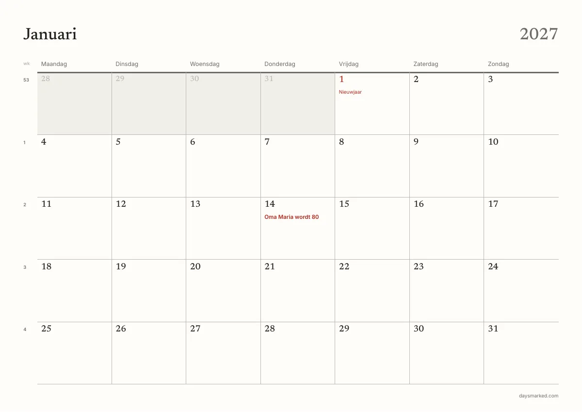 De januaripagina van de kalender 2027 om af te drukken, met „Oma Maria wordt 80” op 14 januari, Nieuwjaar en de weeknummers