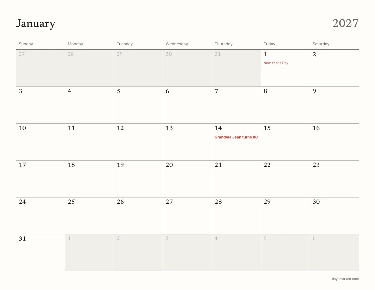 January 2027 page of the free printable calendar, with “Grandma Jean turns 80” on January 14