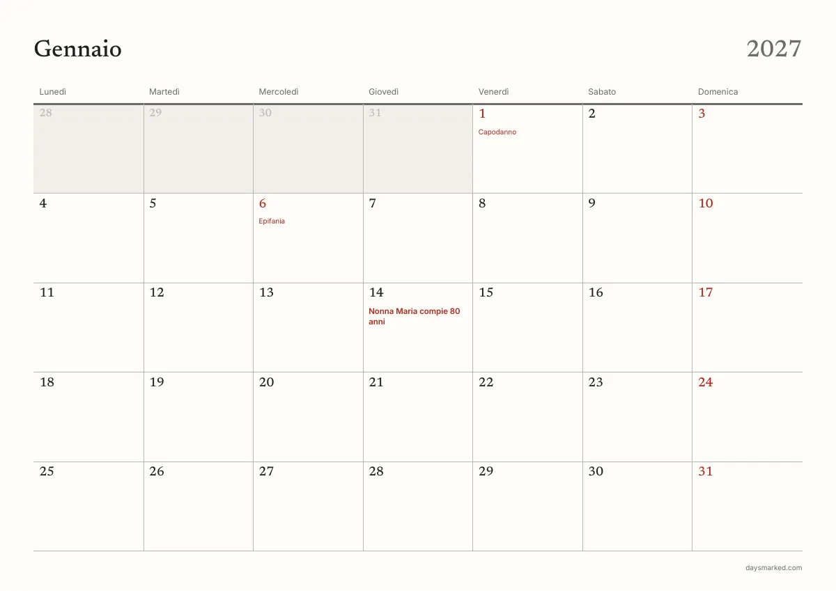 La pagina di gennaio 2027 del calendario da stampare, con «Nonna Maria compie 80 anni» il 14 gennaio e Capodanno ed Epifania in rosso