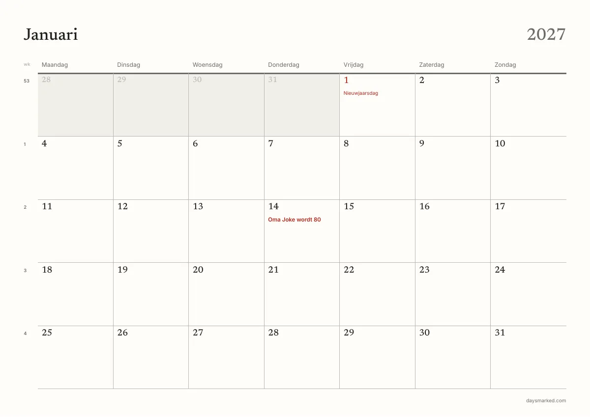 De januaripagina van de kalender 2027 om te printen, met „Oma Joke wordt 80” op 14 januari, Nieuwjaarsdag en de weeknummers