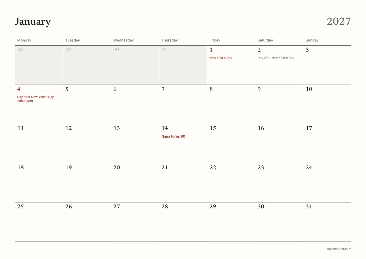 January 2027 page of the free printable calendar, with “Nana turns 80” on 14 January and the New Year holidays