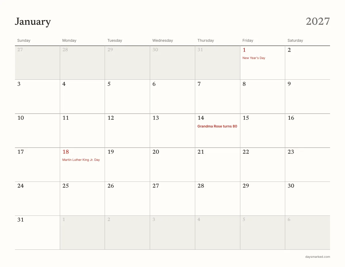 January 2027 page of the free printable calendar, with “Grandma Rose turns 80” on January 14 and Martin Luther King Jr. Day on January 18