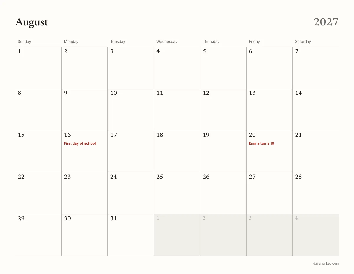 August 2027 page of the free homeschool calendar, with “First day of school” on August 16 and “Emma turns 10” on August 20