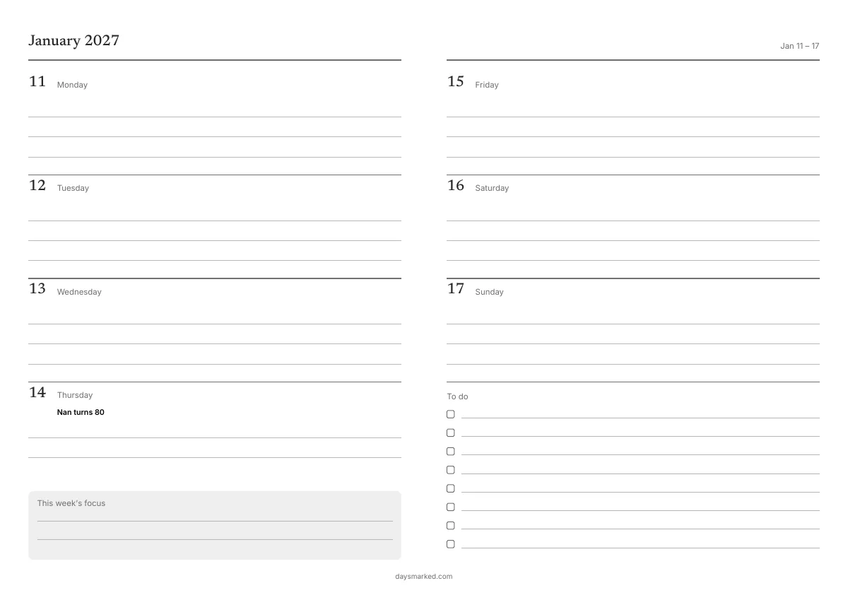 A week from the free printable weekly planner, 11–17 January 2027, with “Nan turns 80” on Thursday and a to-do list