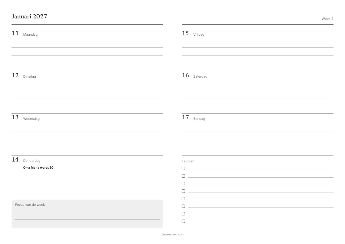 Een week uit de weekplanner om af te drukken, week 2 van 2027 (11–17 januari), met „Oma Maria wordt 80” op donderdag en een to-dolijst