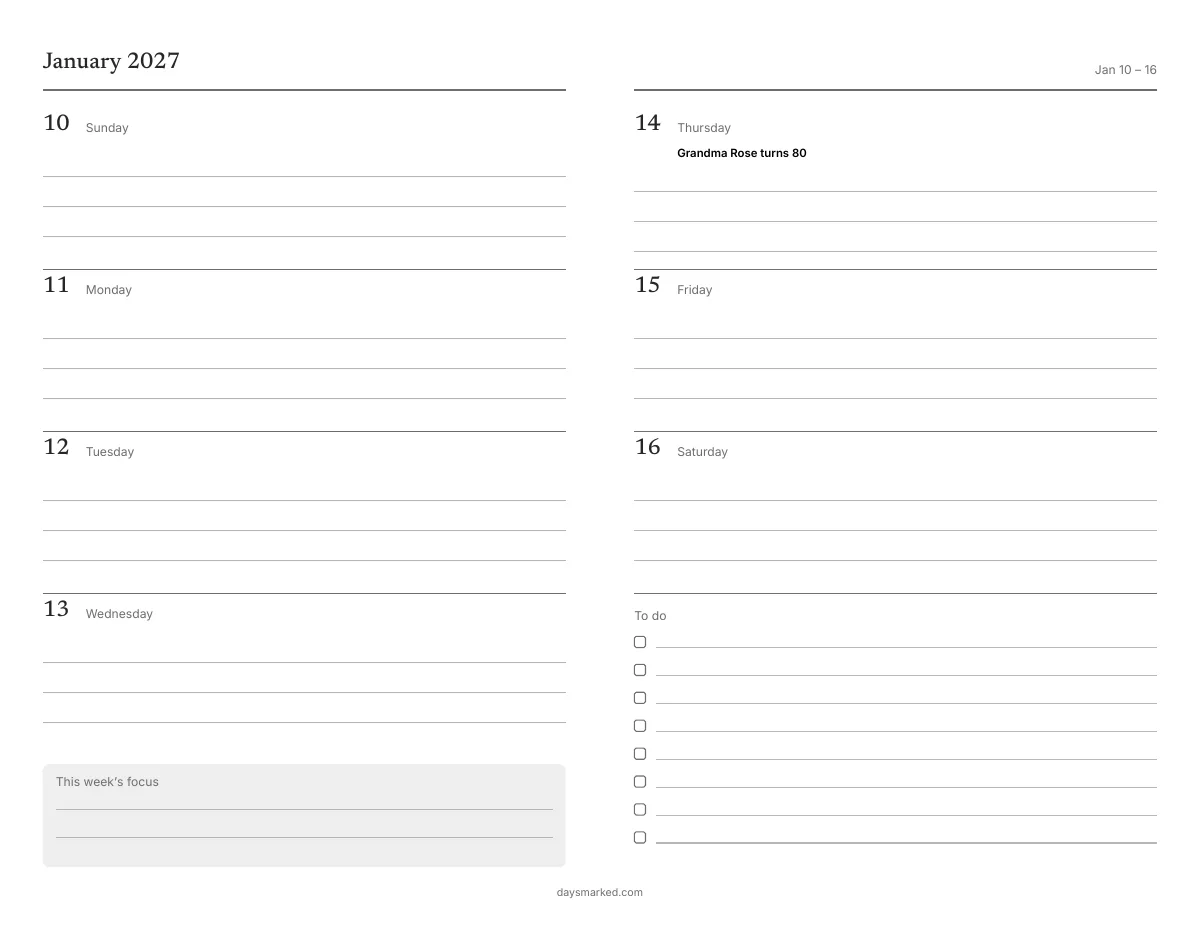 A week from the free printable weekly planner, January 10–16, 2027, with “Grandma Rose turns 80” on Thursday and a to-do list