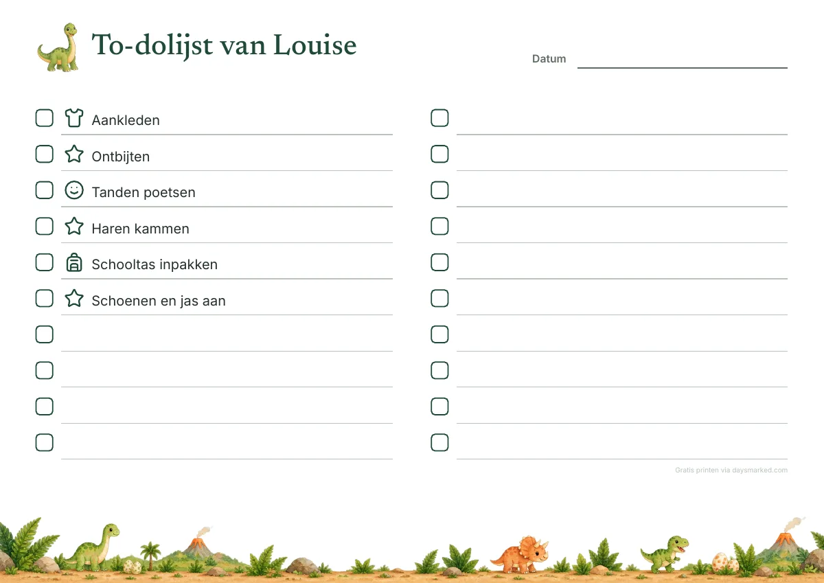 Een to-do-lijst voor kinderen om af te drukken met „To-dolijst van Louise” bovenaan, een vakje en een plaatje bij elke taak, in het dinomotief