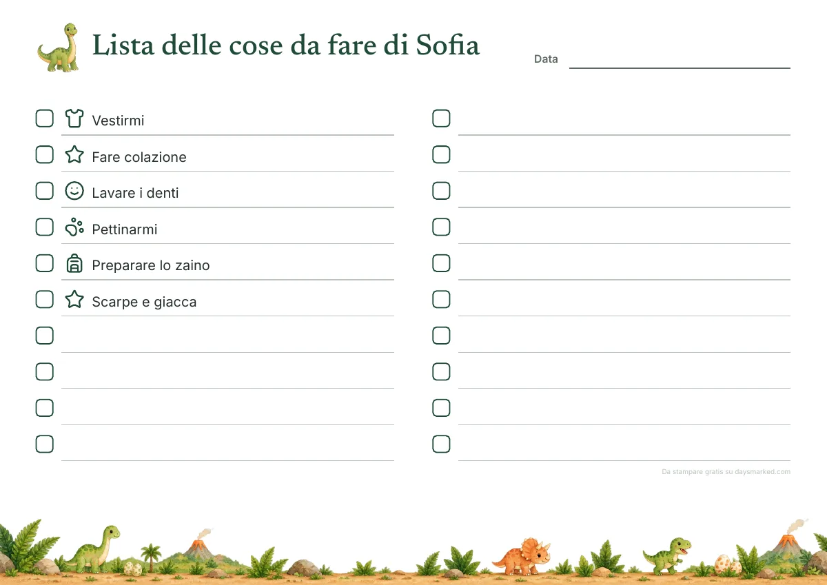 Una lista delle cose da fare per bambini da stampare con il nome Sofia in alto, una casella e un'immagine accanto a ogni attività, con il disegno dei dinosauri
