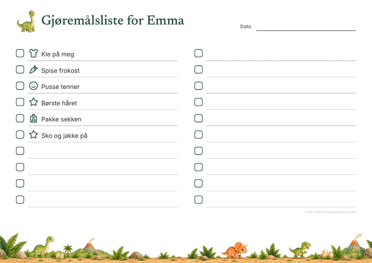 En gjøremålsliste for barn til utskrift med «Gjøremålsliste for Emma» øverst, en rute og et bilde ved hver oppgave, i dinosaurmotivet