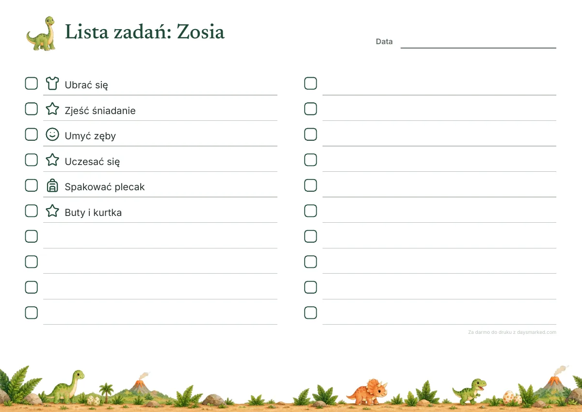Lista zadań dla dzieci do druku z imieniem Zosia na górze, kratką i obrazkiem przy każdym zadaniu, w motywie z dinozaurami